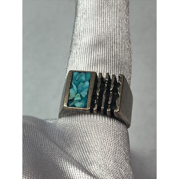Sterling Silver 925 Tested Men Women Square Ring Blue Turquoise Inlay Size 9,75 - Picture 12 of 16